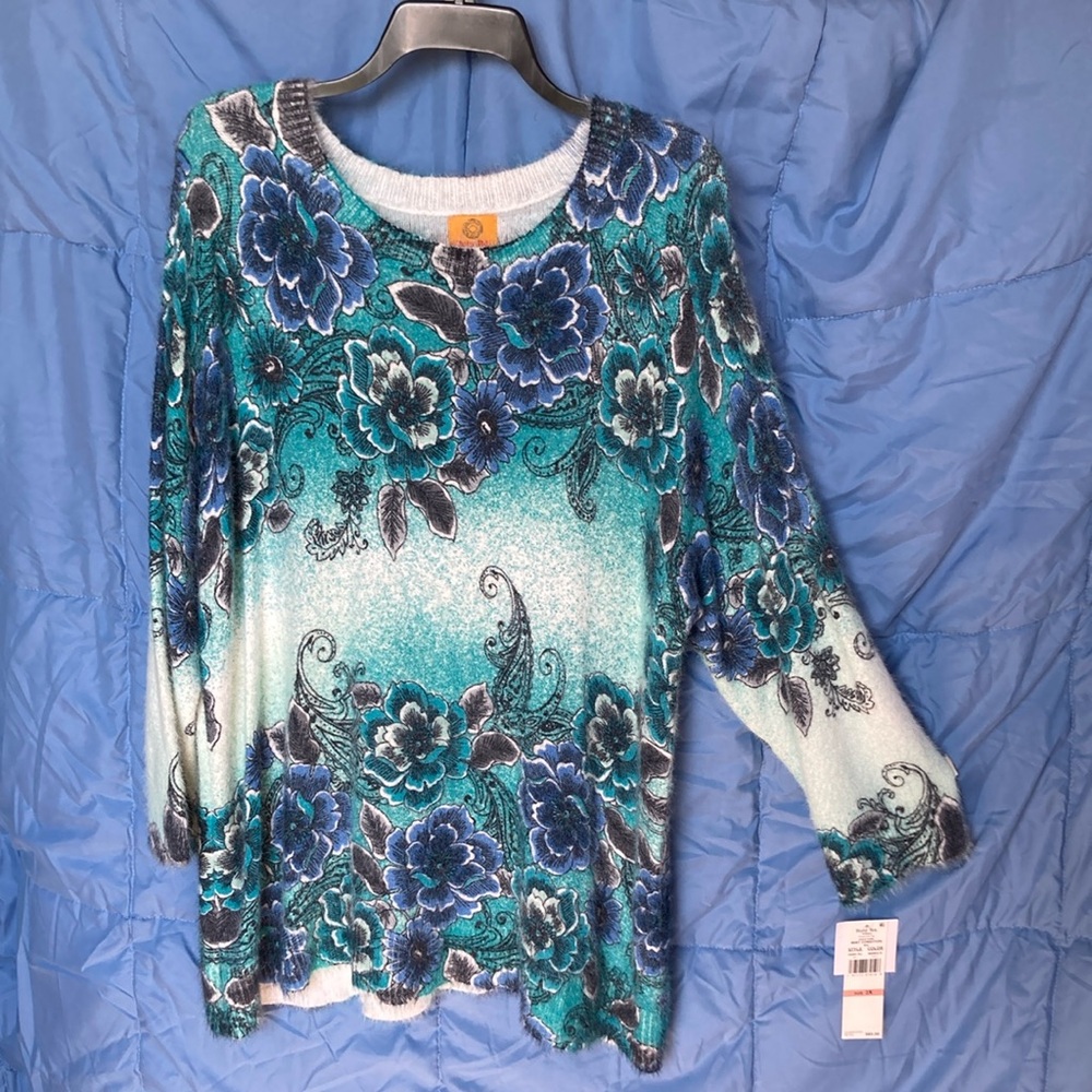 Ruby Rd sweater floral print ombré fuzzy pullover boho casual office 2X